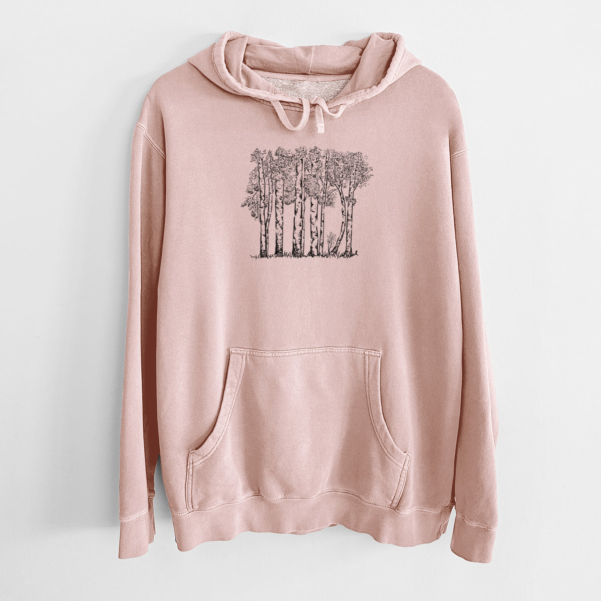 Dusty pink pigment dyed hoodie laid flat, printed with a black ink illustration of a grove of aspen trees.