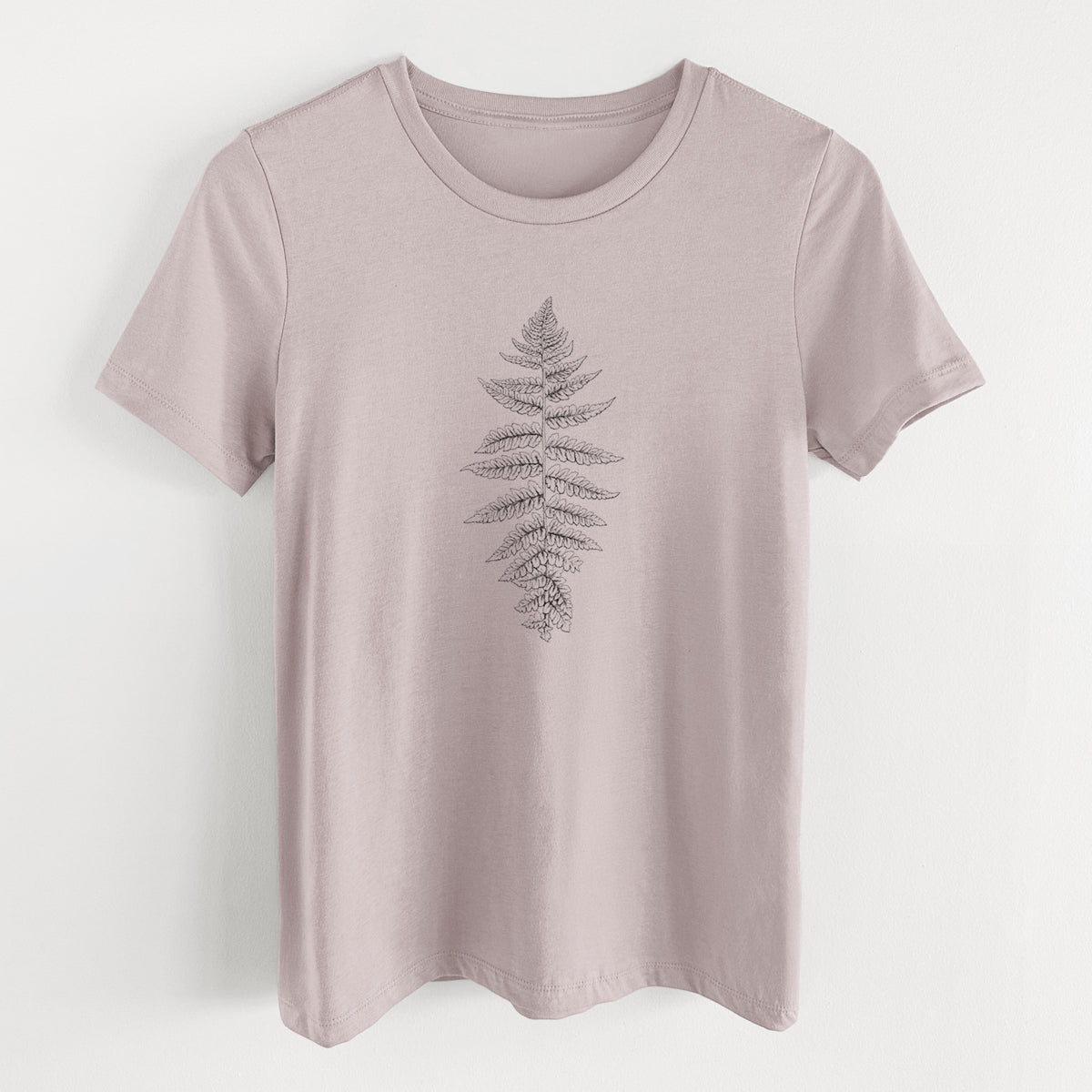 Pink gravel women's relaxed fit cotton t-shirt laid flat, printed with a black ink illustration of a lady fern frond.