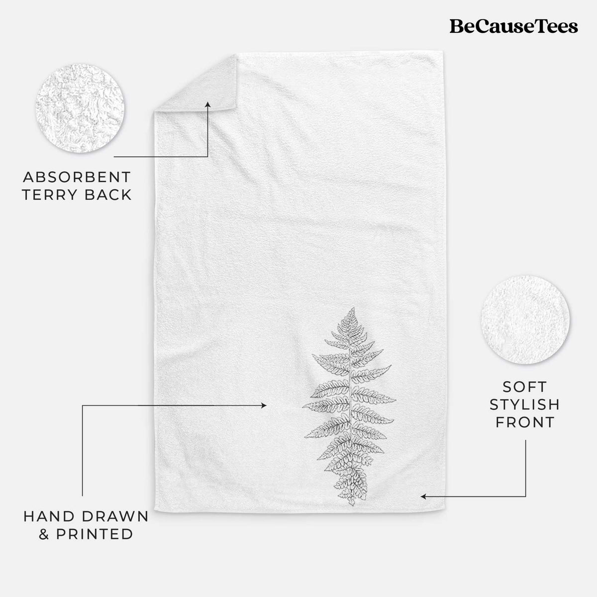 White hand towel printed with a black ink illustration of a lady fern frond.