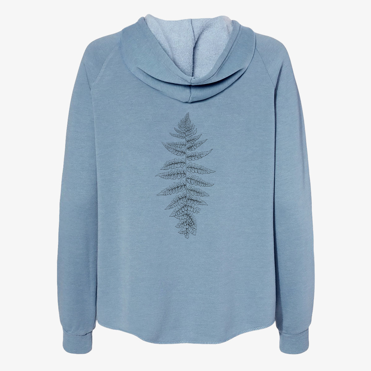 Misty blue women's Cali Wave zip-up sweatshirt laid flat, printed with a black ink illustration of a lady fern frond.