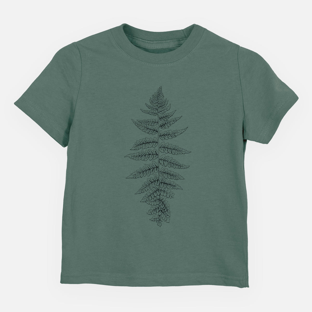 Basil green toddler t-shirt laid flat, printed with a black ink illustration of a lady fern frond.