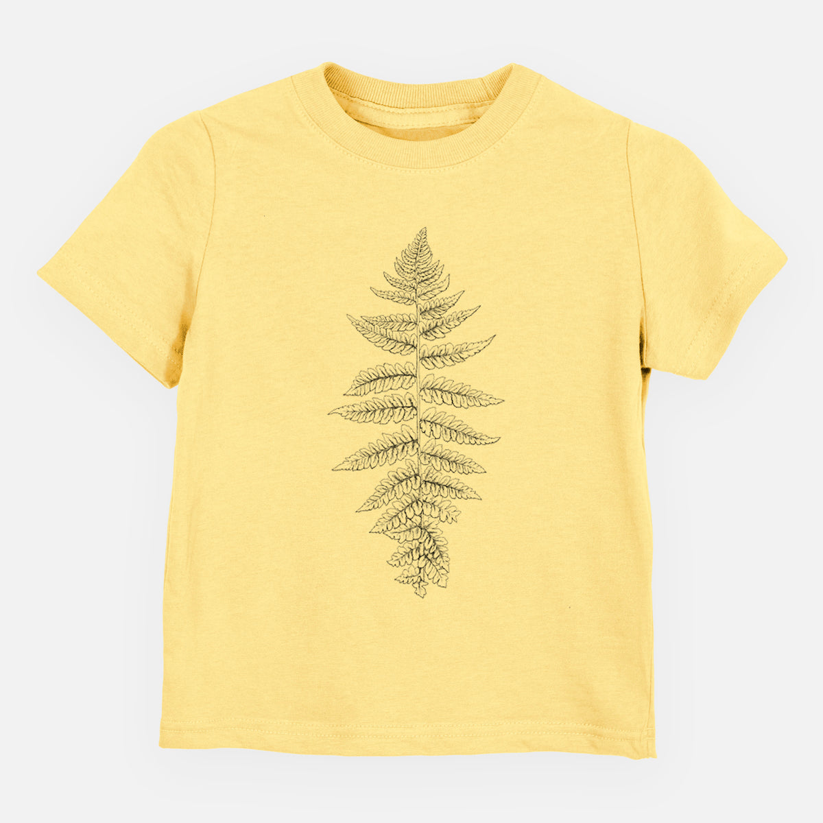 Butter yellow toddler t-shirt laid flat, printed with a black ink illustration of a lady fern frond.