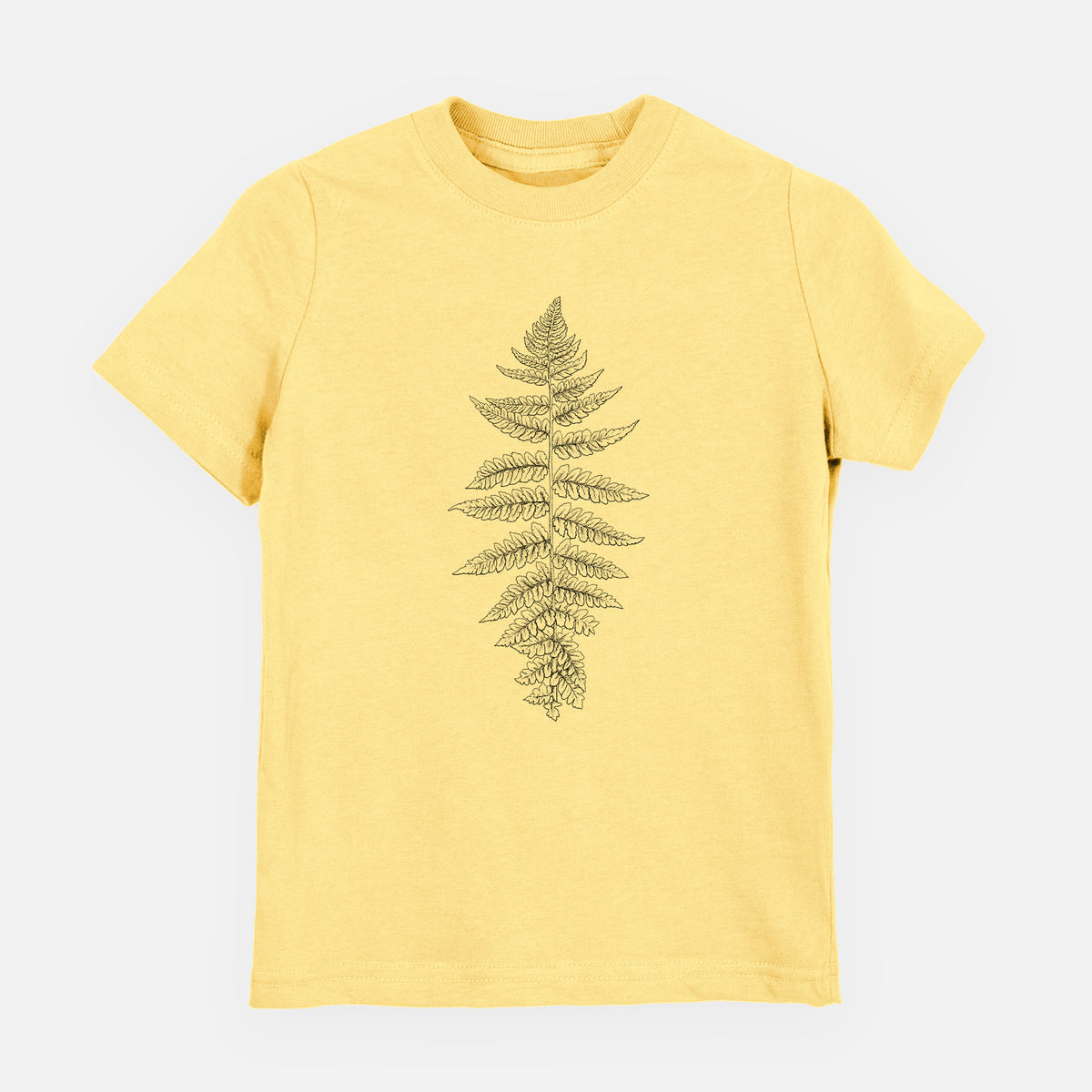 Butter yellow youth t-shirt laid flat, printed with a black ink illustration of a lady fern frond.