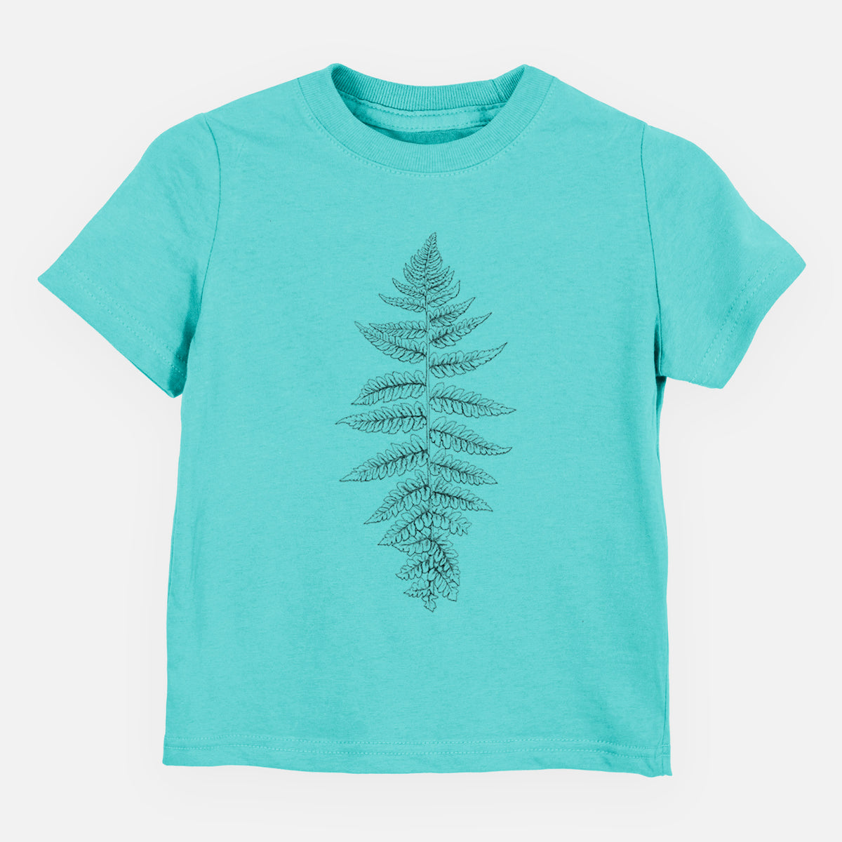 Caribbean blue toddler t-shirt laid flat, printed with a black ink illustration of a lady fern frond.