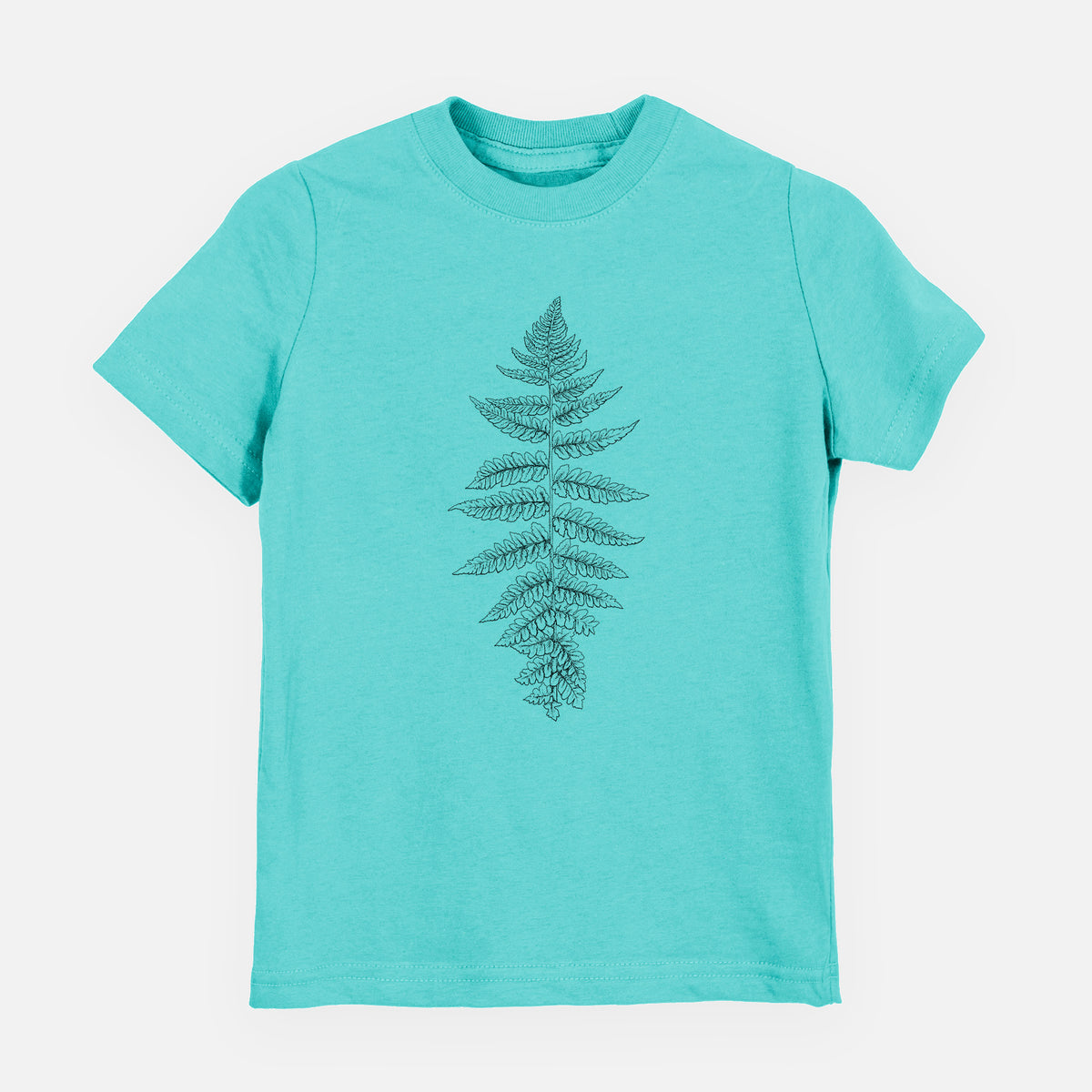 Caribbean blue youth t-shirt laid flat, printed with a black ink illustration of a lady fern frond.