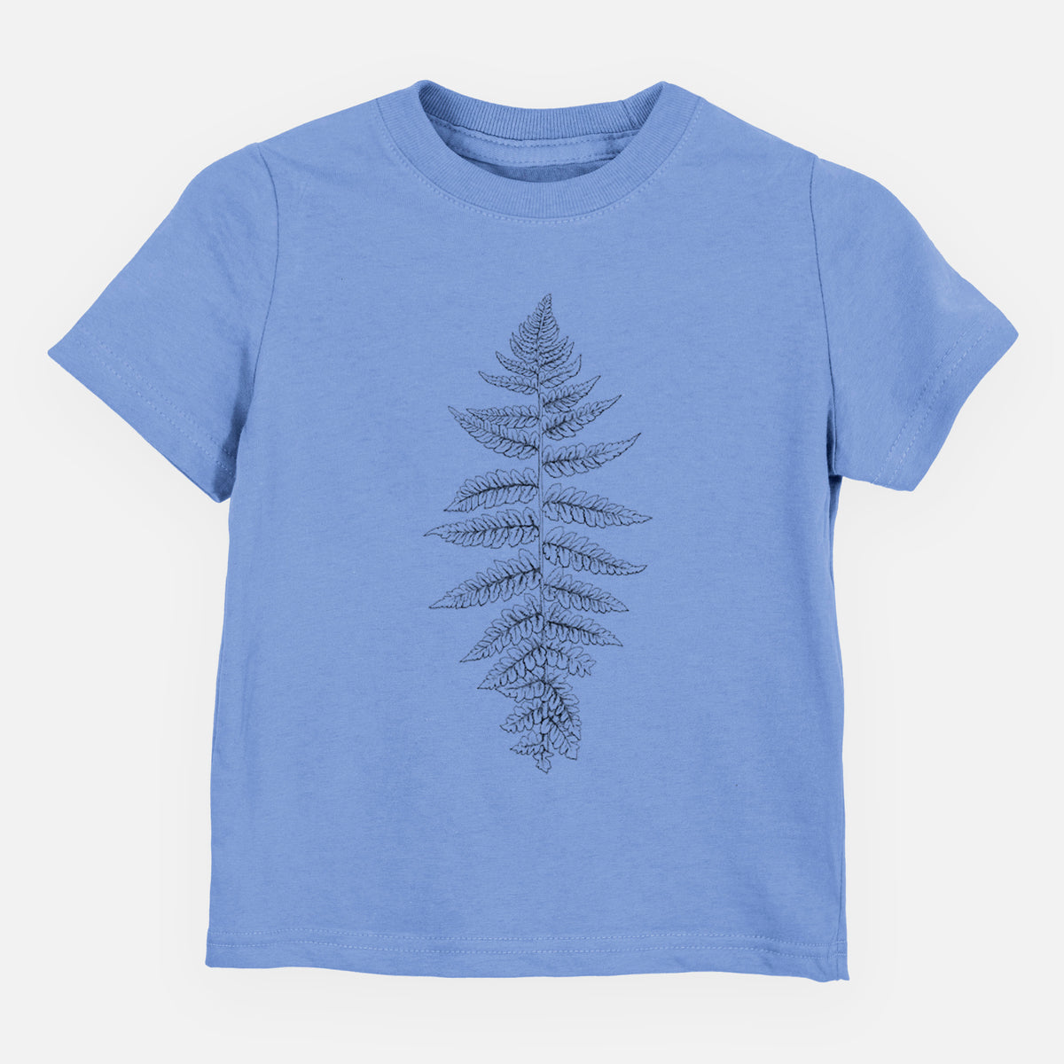Carolina blue toddler t-shirt laid flat, printed with a black ink illustration of a lady fern frond.