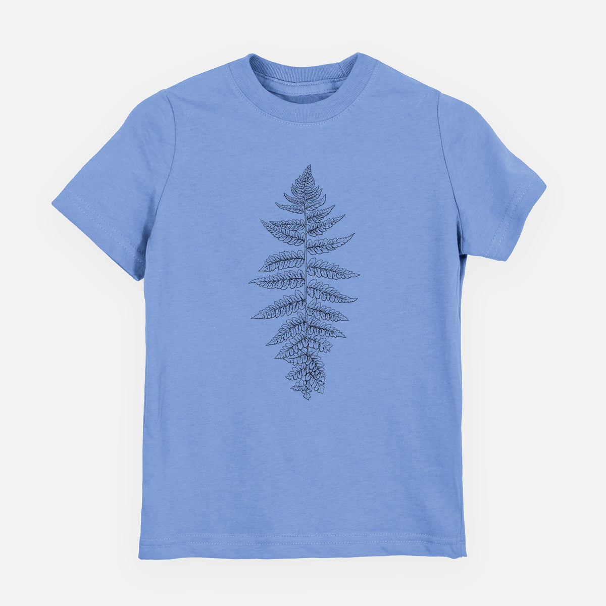Carolina blue youth t-shirt laid flat, printed with a black ink illustration of a lady fern frond.