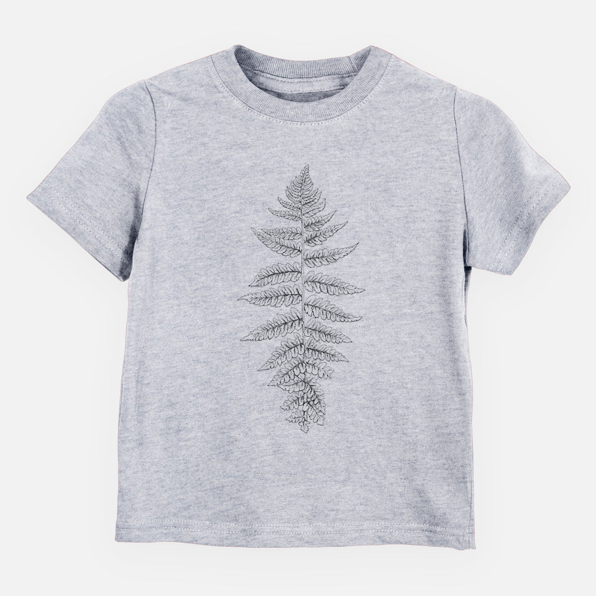 Heather grey toddler t-shirt laid flat, printed with a black ink illustration of a lady fern frond.