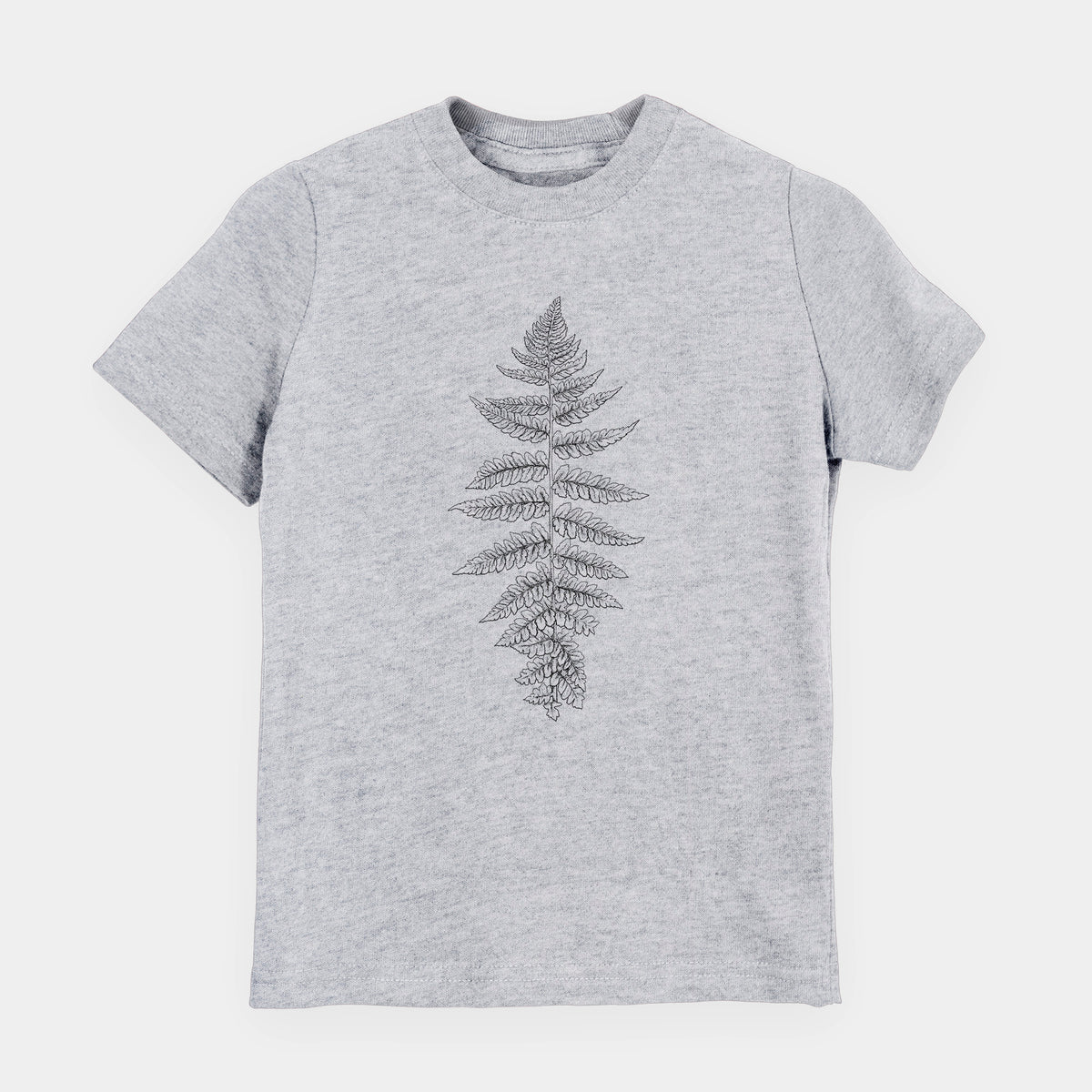 Heather grey youth t-shirt laid flat, printed with a black ink illustration of a lady fern frond.