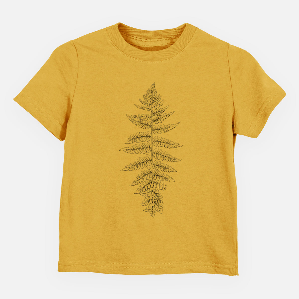 Honeycomb yellow toddler t-shirt laid flat, printed with a black ink illustration of a lady fern frond.