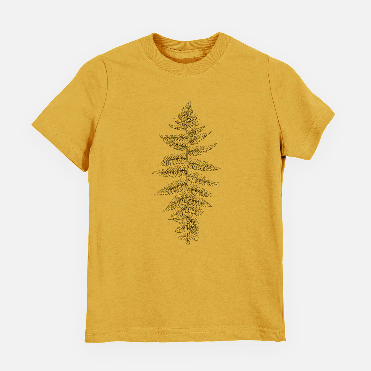 Honeycomb yellow youth t-shirt laid flat, printed with a black ink illustration of a lady fern frond.