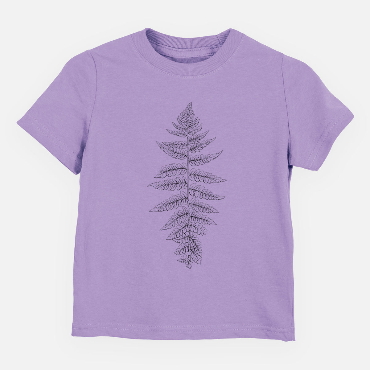 Lavender toddler t-shirt laid flat, printed with a black ink illustration of a lady fern frond.