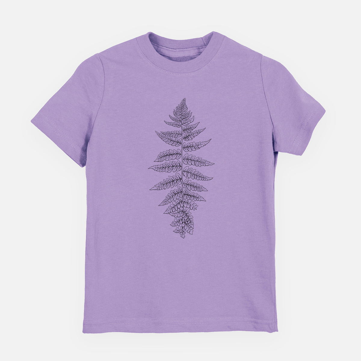 Lavender youth t-shirt laid flat, printed with a black ink illustration of a lady fern frond.