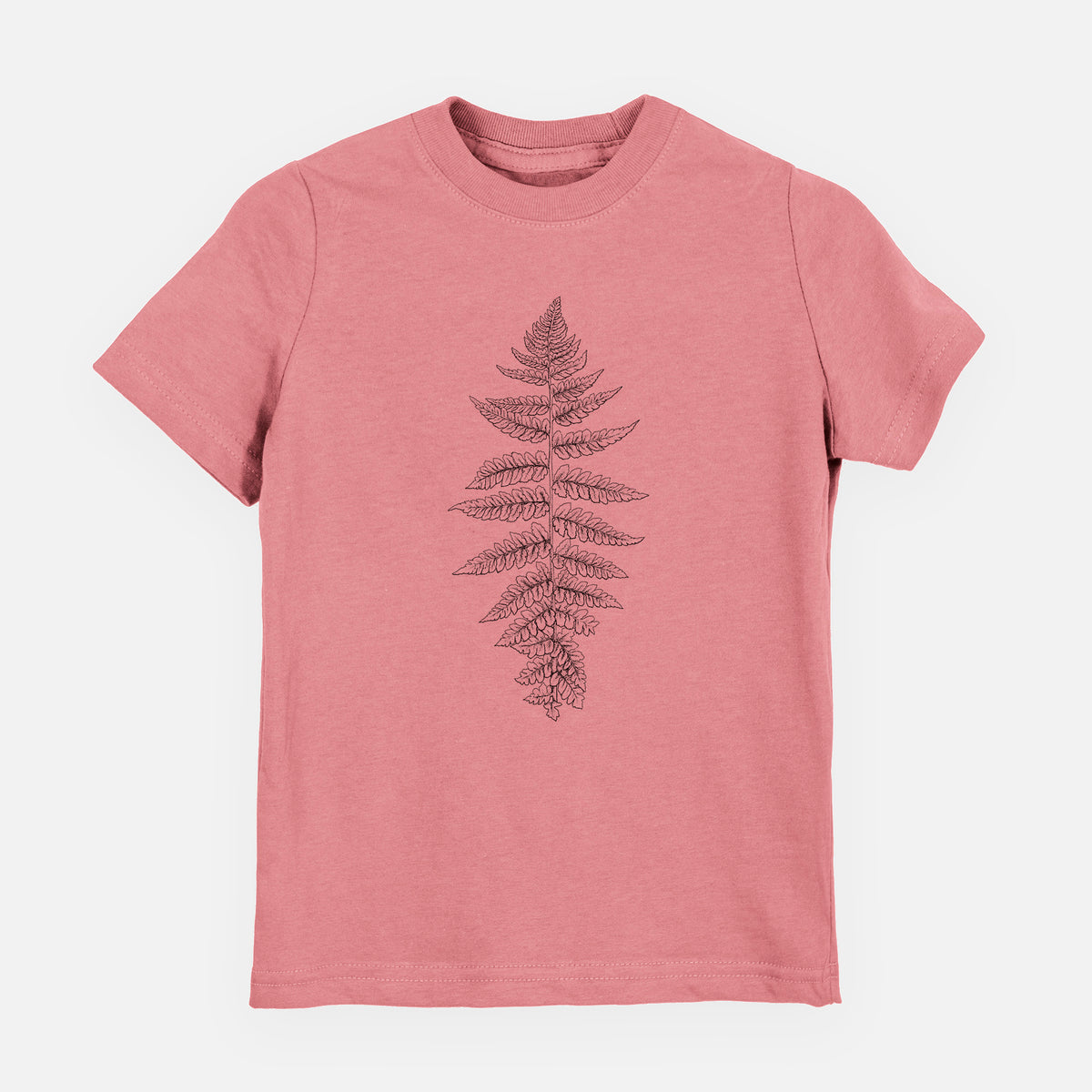 Mauve pink youth t-shirt laid flat, printed with a black ink illustration of a lady fern frond.