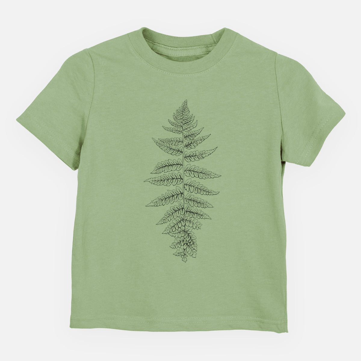 Sage green toddler t-shirt laid flat, printed with a black ink illustration of a lady fern frond.