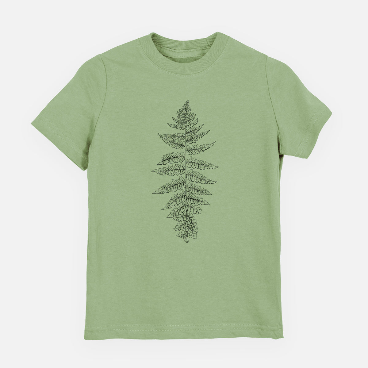 Sage green youth t-shirt laid flat, printed with a black ink illustration of a lady fern frond.