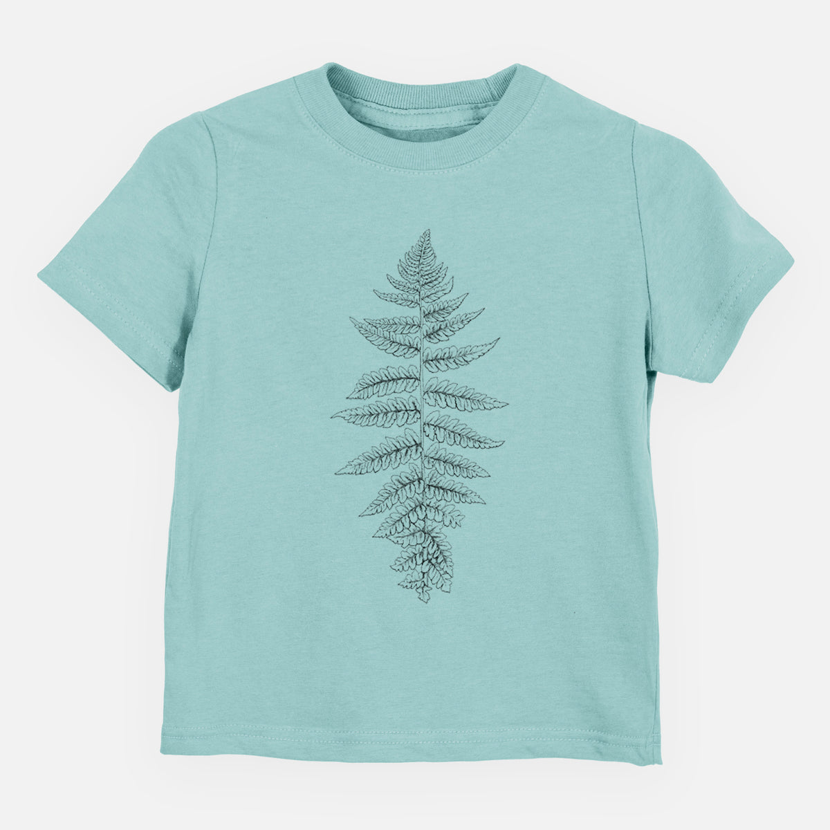 Saltwater toddler t-shirt laid flat, printed with a black ink illustration of a lady fern frond.