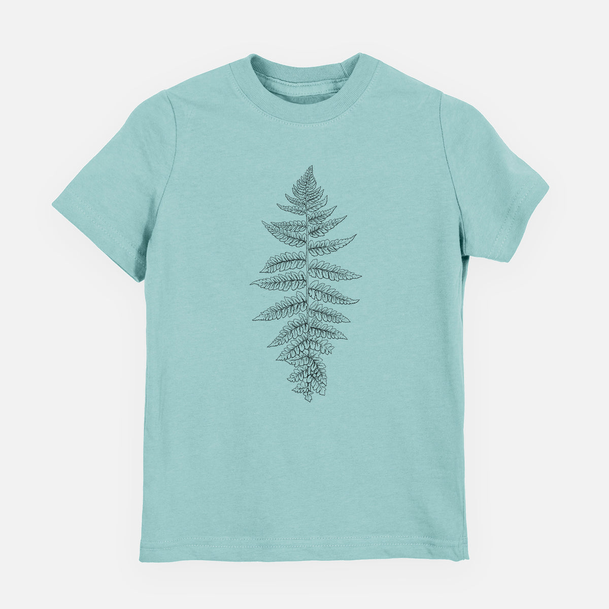 Saltwater youth t-shirt laid flat, printed with a black ink illustration of a lady fern frond.