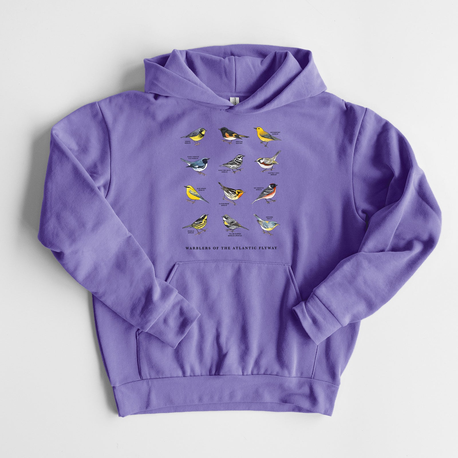Warblers of the Atlantic Flyway - Statement Midweight Hoodie in Violet, laid flat, showing the oversized boxy fit and front kangaroo pocket.