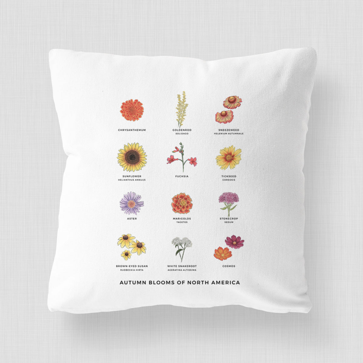 White pillow cover printed with a full-color chart of autumn flowers, each labeled with its name.