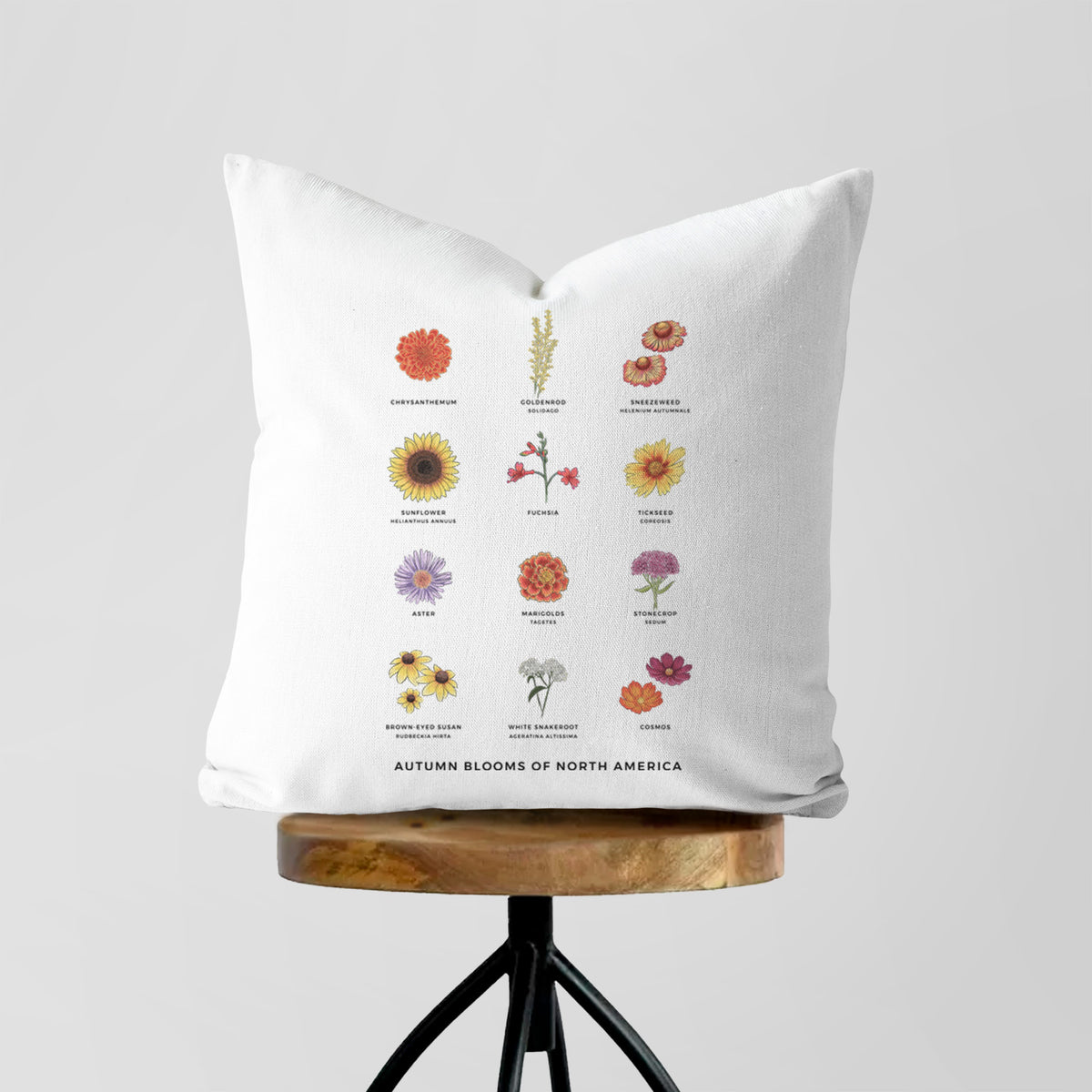 White pillow cover printed with a full-color chart of autumn flowers, each labeled with its name, on a wooden stool.