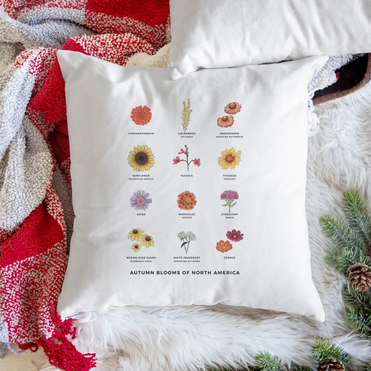 White pillow cover printed with a full-color chart of autumn flowers, each labeled with its name, on a woven chair.