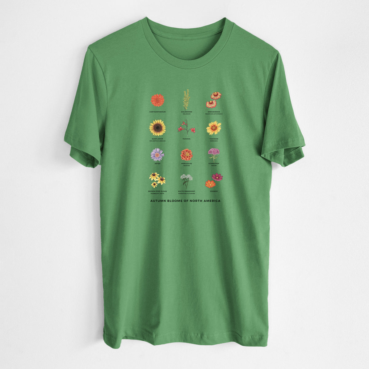 Leaf green lightweight cotton t-shirt laid flat, printed with a full-color chart of autumn flowers, each labeled with its name.