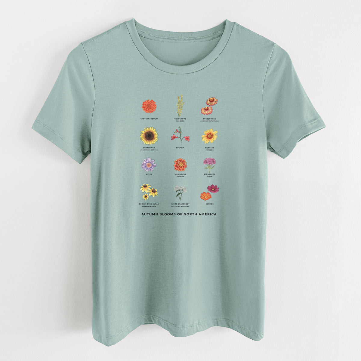 Dusty blue women's relaxed fit cotton t-shirt laid flat, printed with a full-color chart of autumn flowers, each labeled with its name.