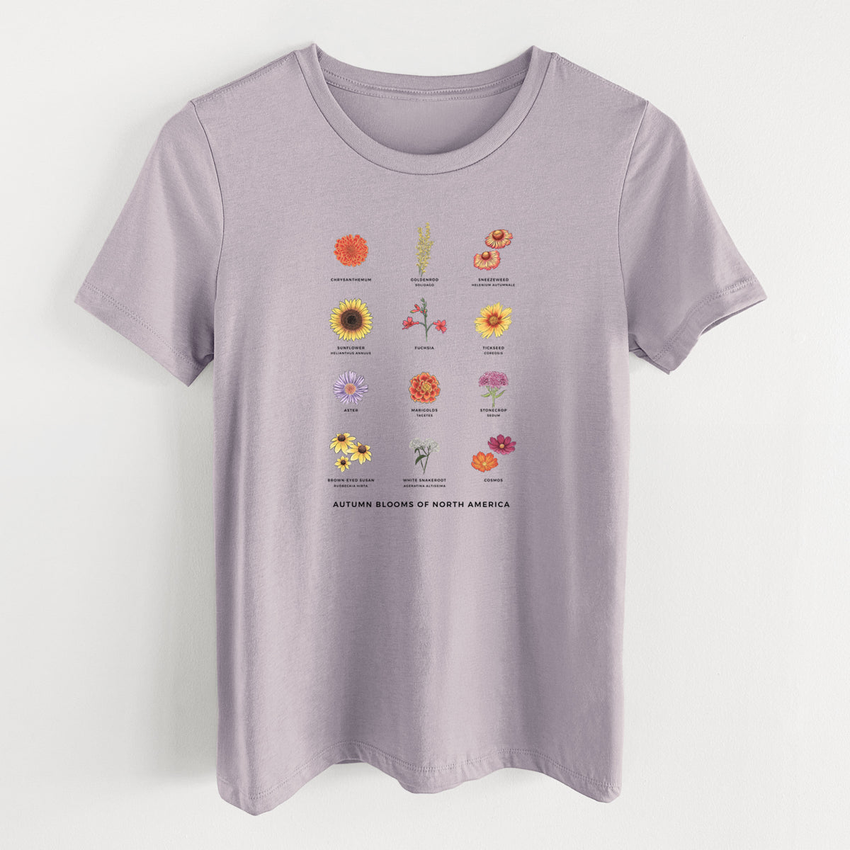 Light violet women's relaxed fit cotton t-shirt laid flat, printed with a full-color chart of autumn flowers, each labeled with its name.