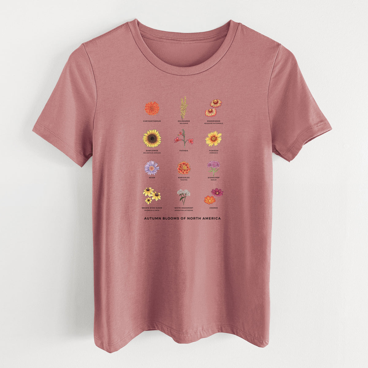 Mauve pink women's relaxed fit cotton t-shirt laid flat, printed with a full-color chart of autumn flowers, each labeled with its name.