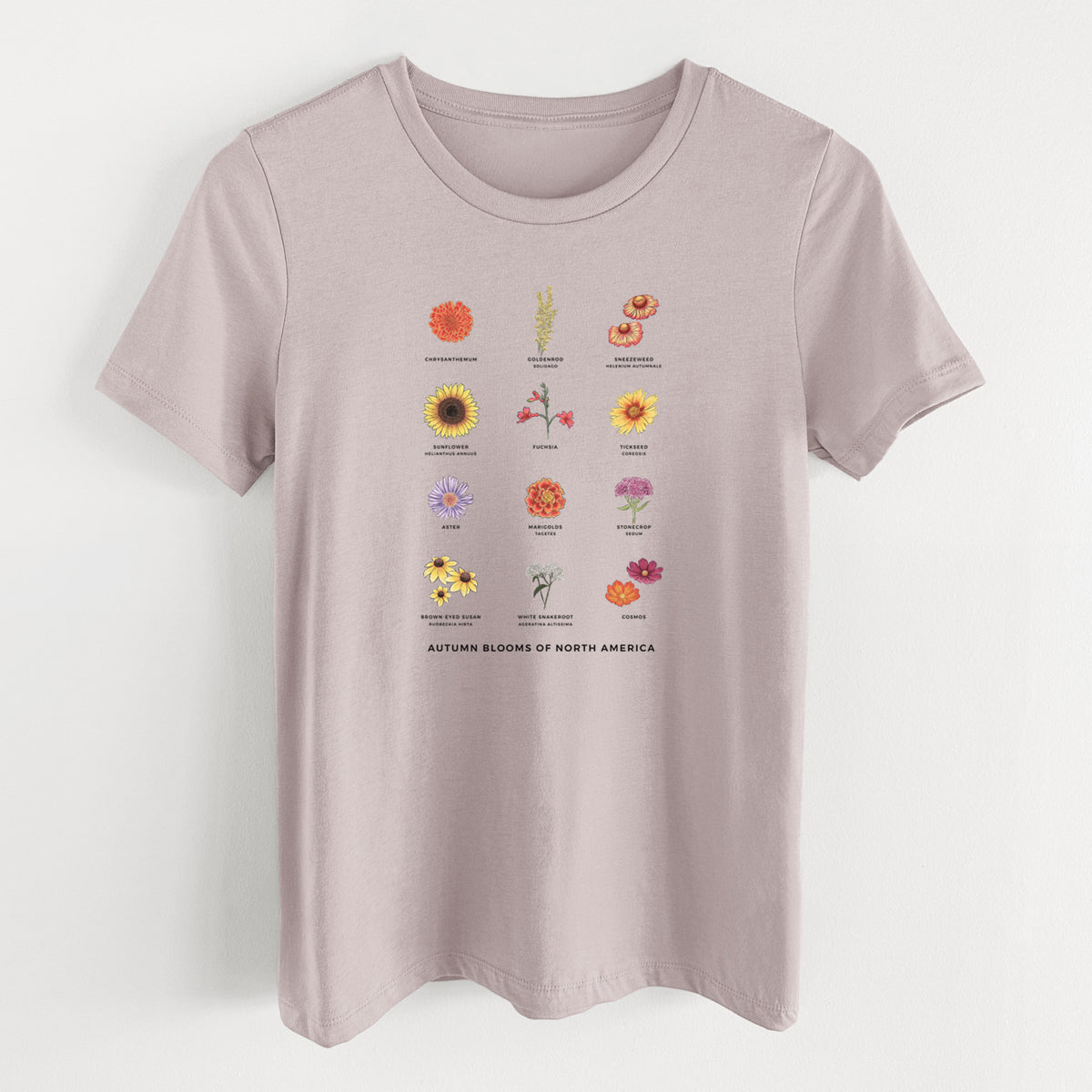 Pink gravel women's relaxed fit cotton t-shirt laid flat, printed with a full-color chart of autumn flowers, each labeled with its name.