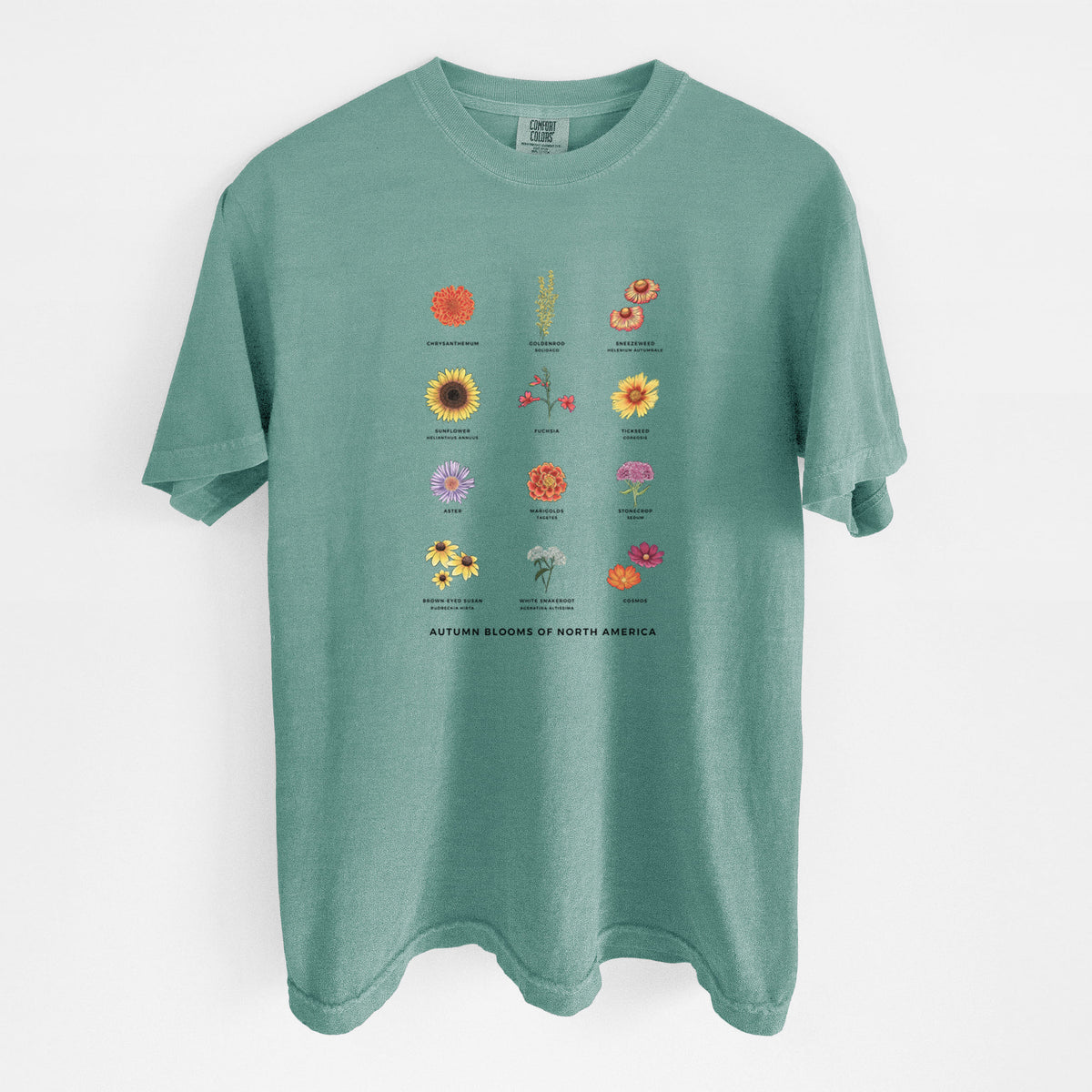 Reef green Comfort Colors t-shirt laid flat, printed with a full-color chart of autumn flowers, each labeled with its name.