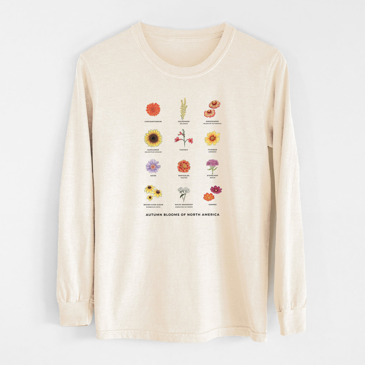 Ivory Comfort Colors long sleeve shirt laid flat, printed with a full-color chart of autumn flowers, each labeled with its name.