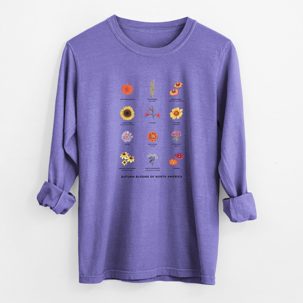 Violet purple Comfort Colors long sleeve shirt laid flat with the cuffs rolled, printed with a full-color chart of autumn flowers, each labeled with its name.