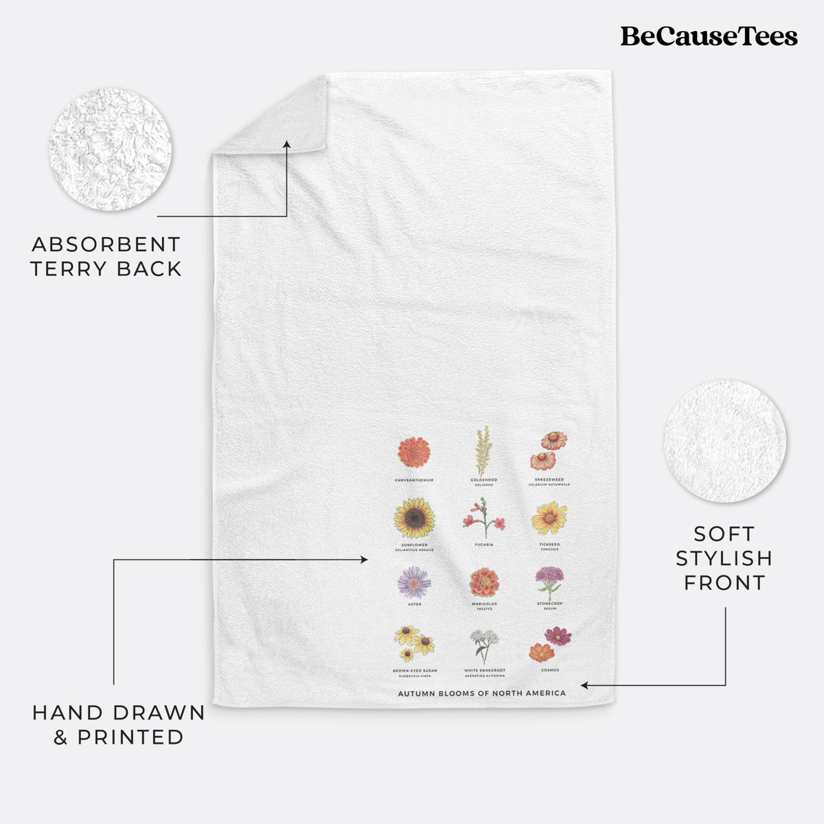 White hand towel printed with a full-color chart of autumn flowers, each labeled with its name.