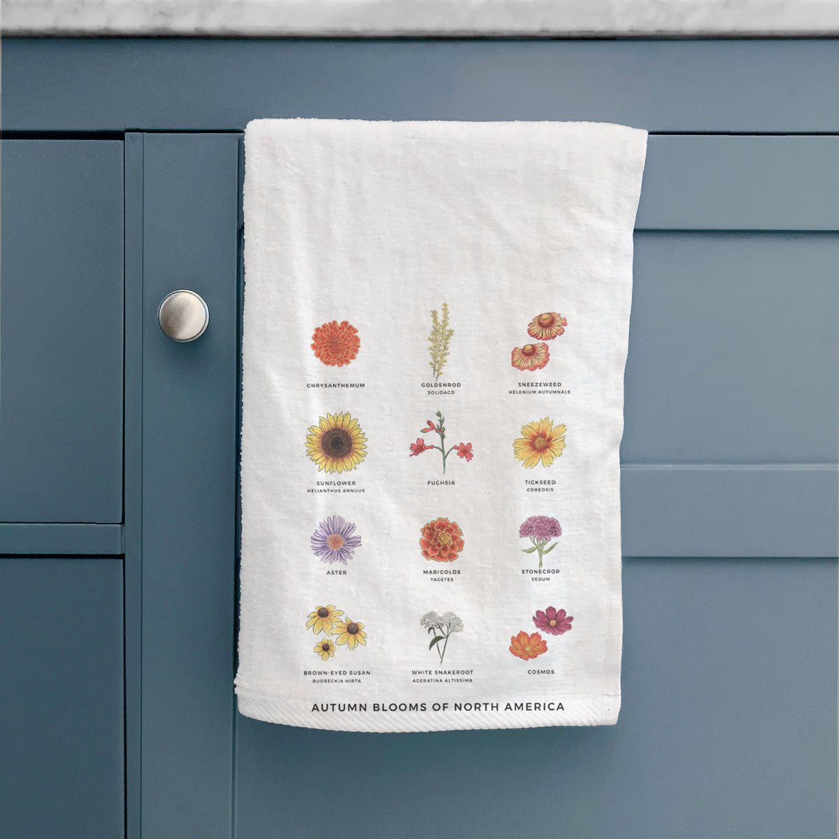 White hand towel printed with a full-color chart of autumn flowers, each labeled with its name, hanging on a cabinet door.