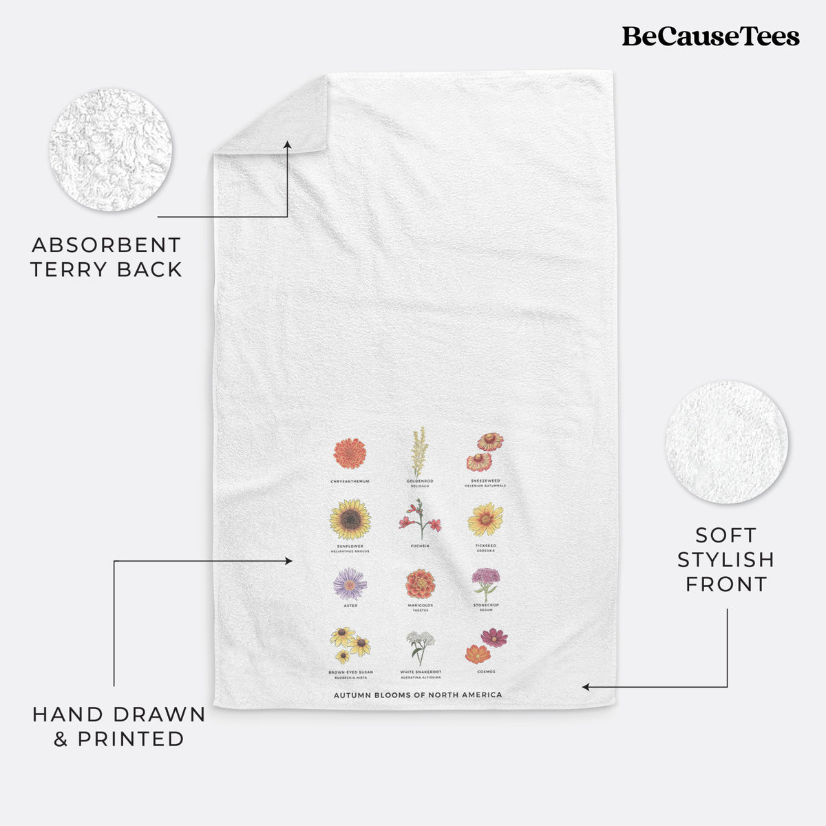 White hand towel printed with a full-color chart of autumn flowers, each labeled with its name.