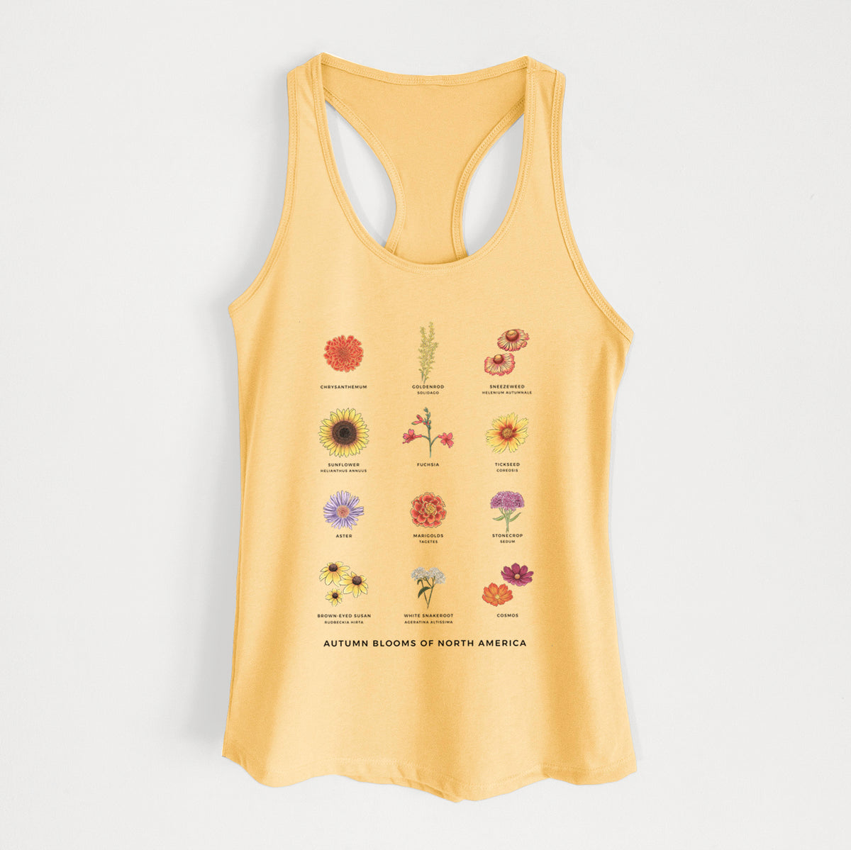 Banana cream women's racerback tank top laid flat, printed with a full-color chart of autumn flowers, each labeled with its name.