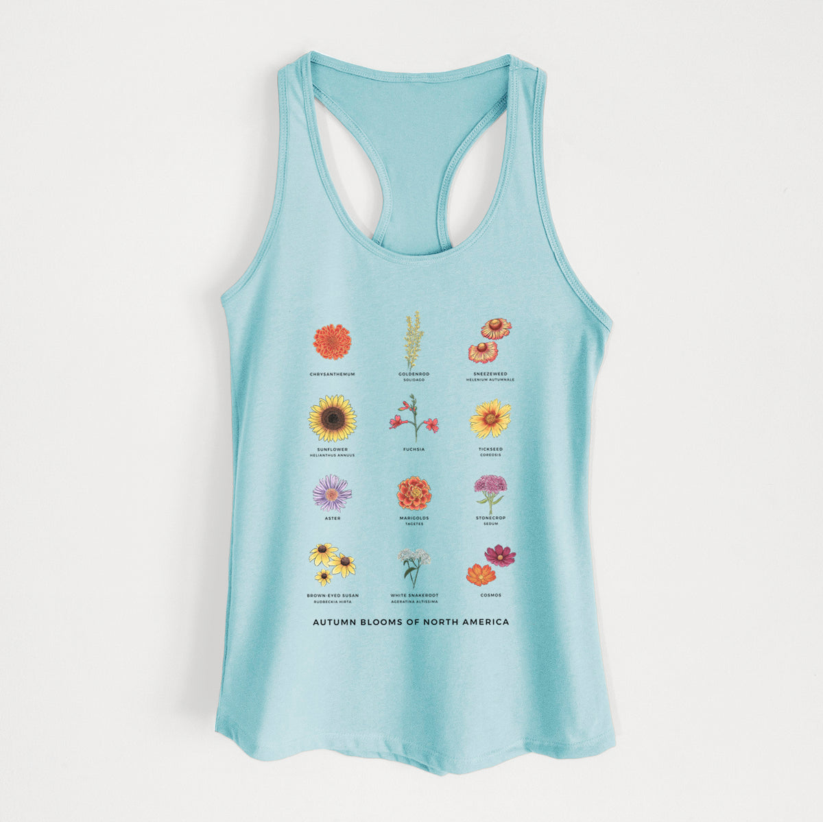 Cancun blue women's racerback tank top laid flat, printed with a full-color chart of autumn flowers, each labeled with its name.