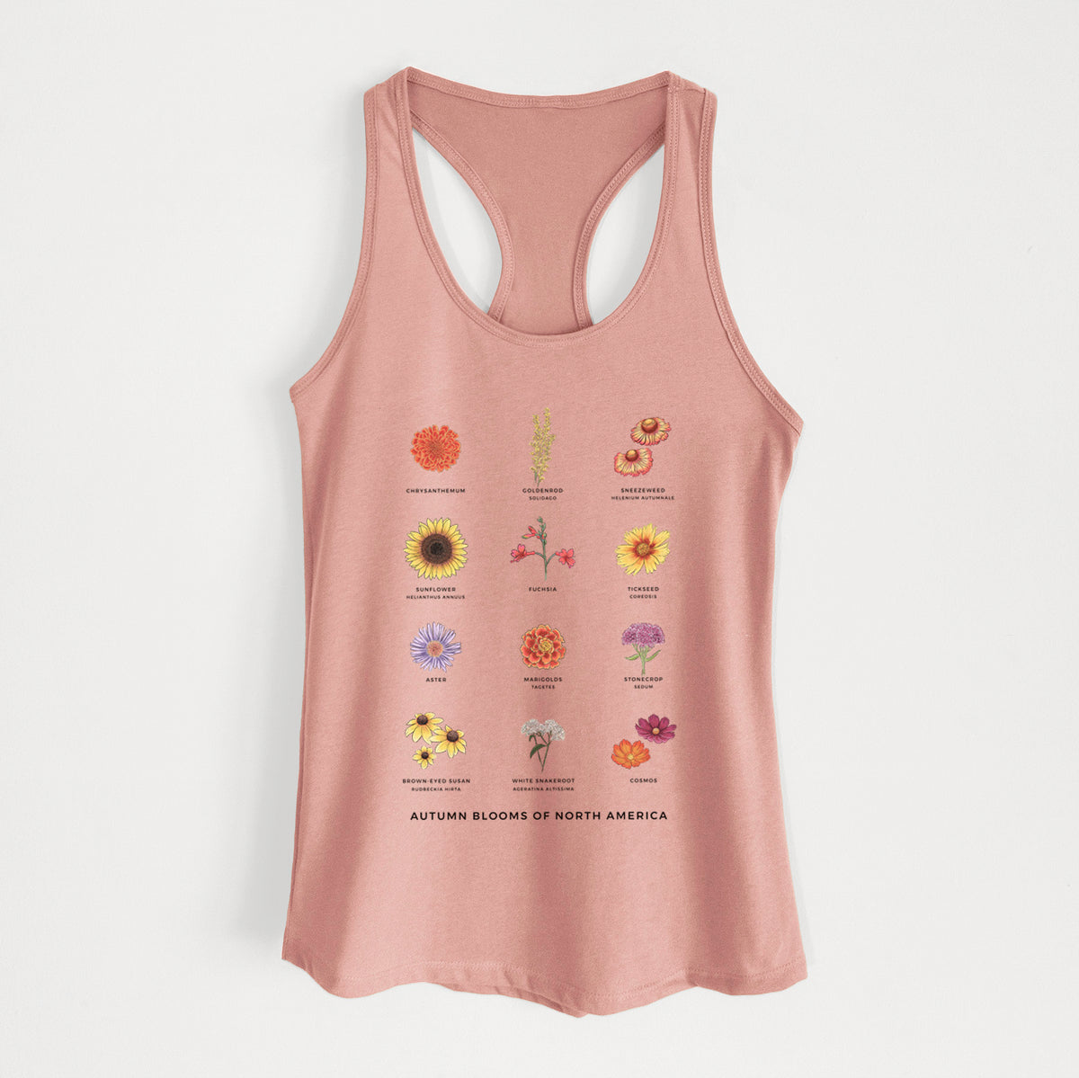Desert pink women's racerback tank top laid flat, printed with a full-color chart of autumn flowers, each labeled with its name.