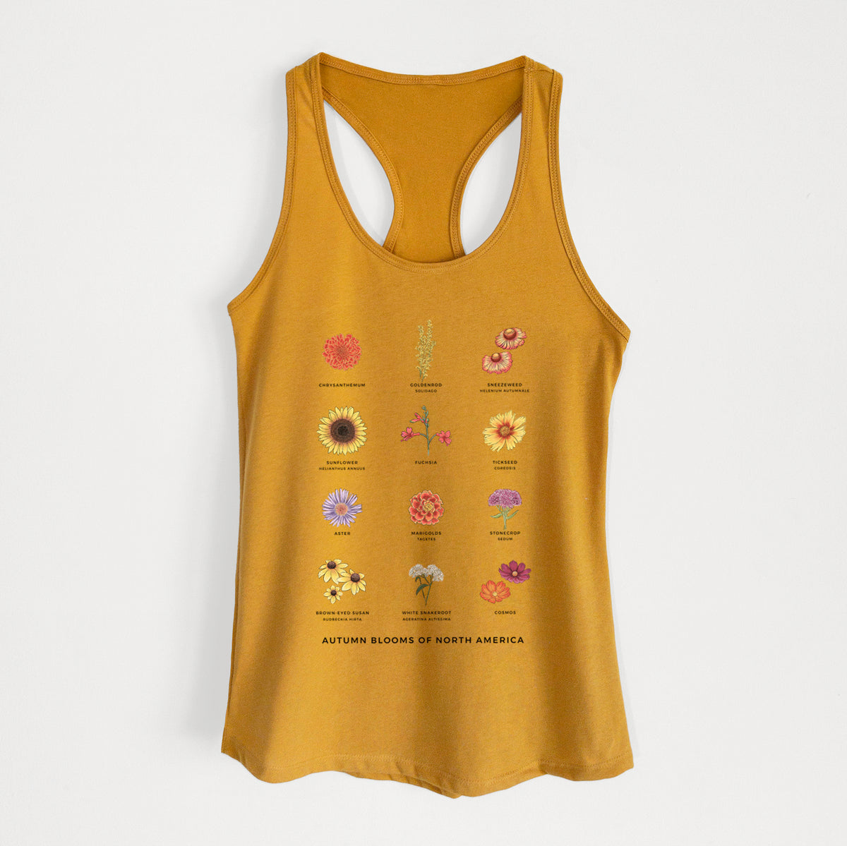 Gold women's racerback tank top laid flat, printed with a full-color chart of autumn flowers, each labeled with its name.