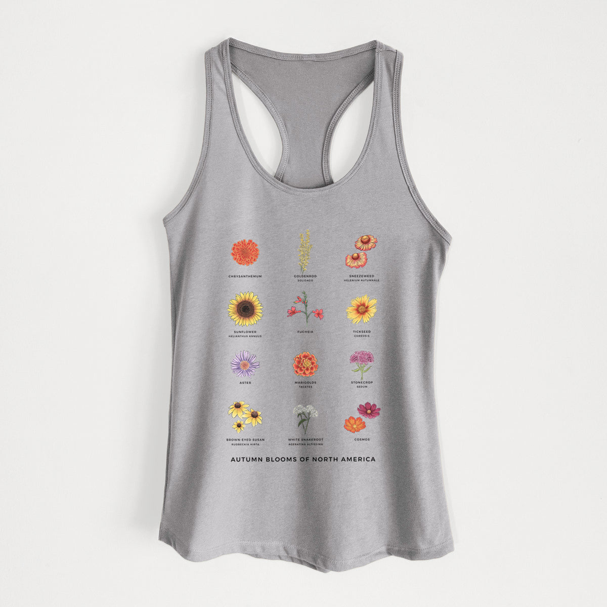 Heather grey women's racerback tank top laid flat, printed with a full-color chart of autumn flowers, each labeled with its name.