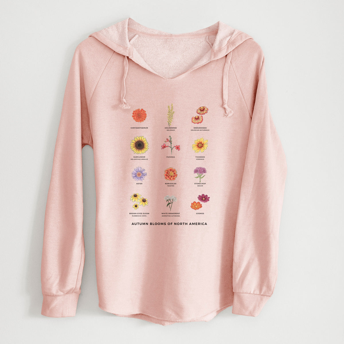 Blush pink women's Cali Wave hooded sweatshirt laid flat, printed with a full-color chart of autumn flowers, each labeled with its name.