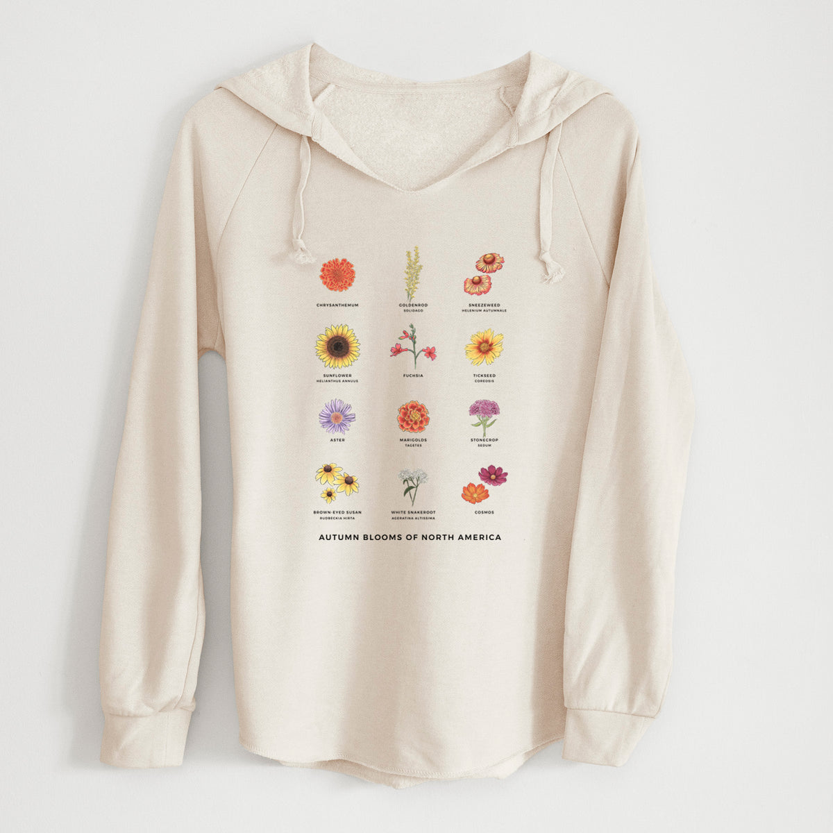Bone cream women's Cali Wave hooded sweatshirt laid flat, printed with a full-color chart of autumn flowers, each labeled with its name.