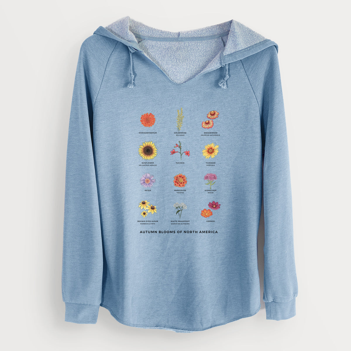 Misty blue women's Cali Wave hooded sweatshirt laid flat, printed with a full-color chart of autumn flowers, each labeled with its name.