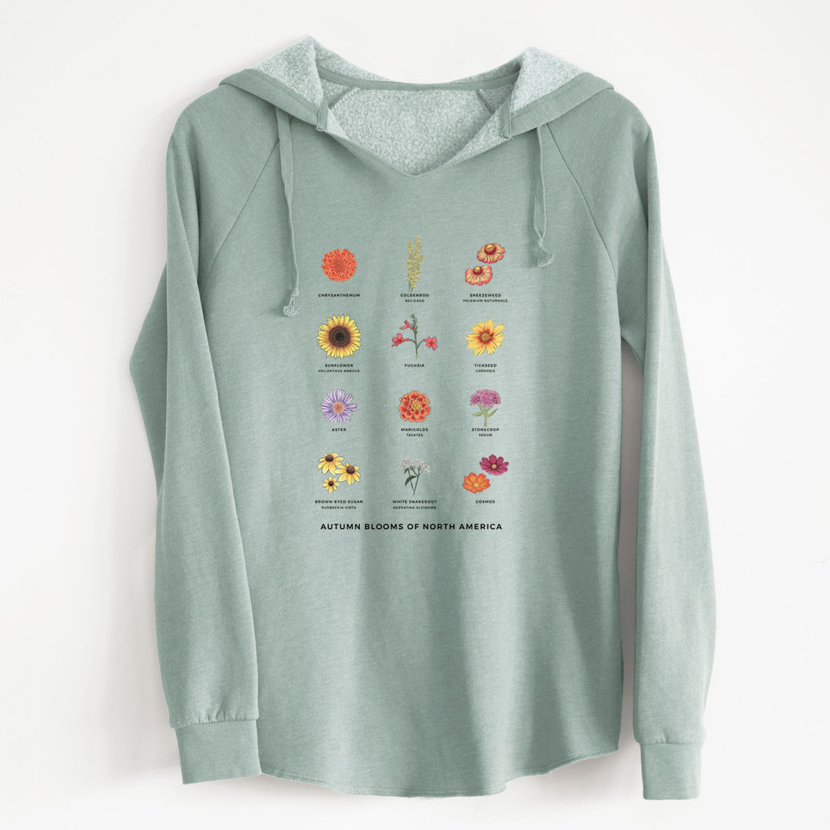 Sage green women's Cali Wave hooded sweatshirt laid flat, printed with a full-color chart of autumn flowers, each labeled with its name.