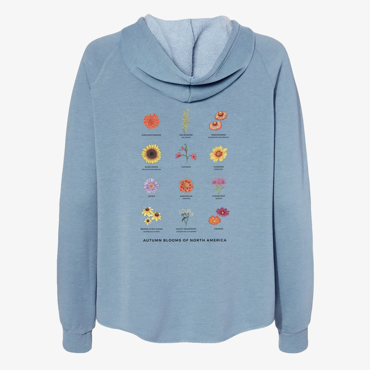 Misty blue women's Cali Wave zip-up sweatshirt laid flat, printed with a full-color chart of autumn flowers, each labeled with its name.