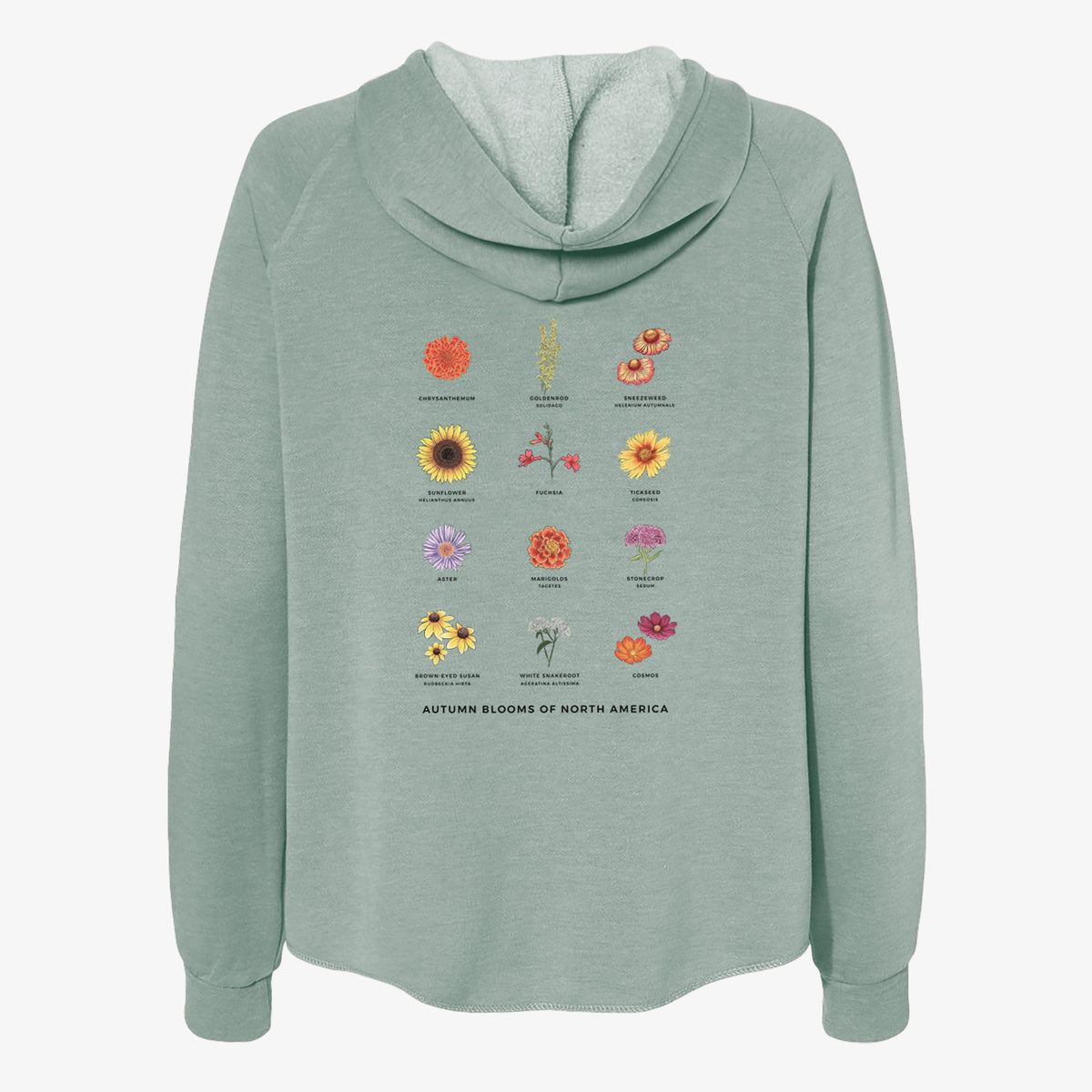 Sage green women's Cali Wave zip-up sweatshirt laid flat, printed with a full-color chart of autumn flowers, each labeled with its name.