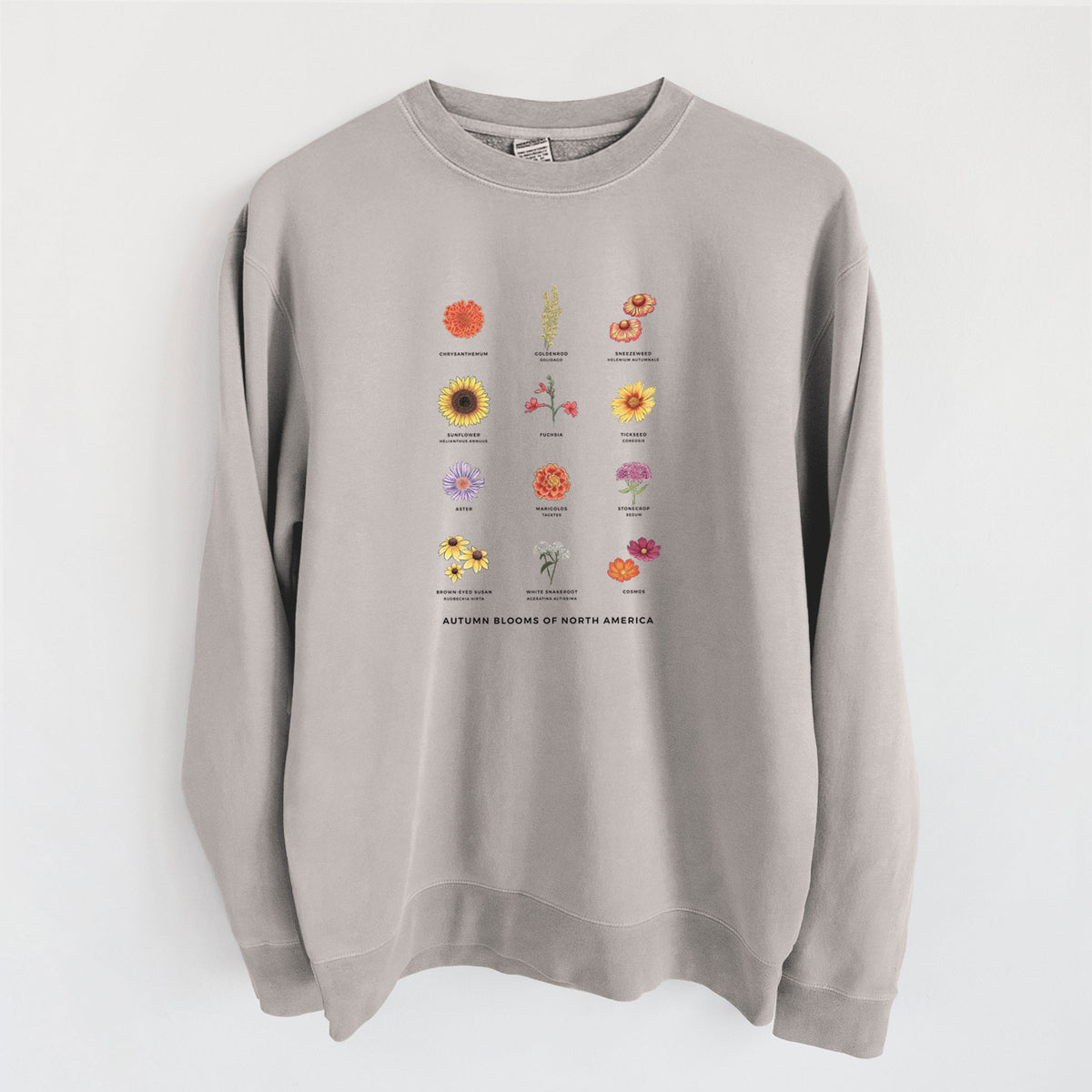 Cement grey pigment dyed crewneck sweatshirt laid flat, printed with a full-color chart of autumn flowers, each labeled with its name.