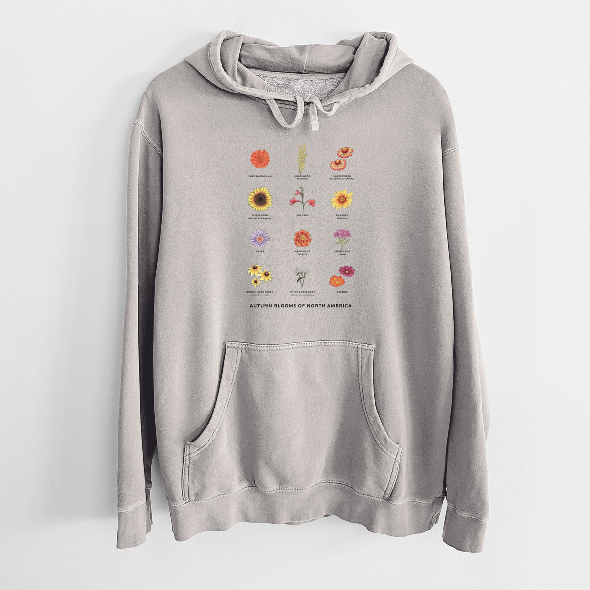 Cement grey pigment dyed hoodie laid flat, printed with a full-color chart of autumn flowers, each labeled with its name.